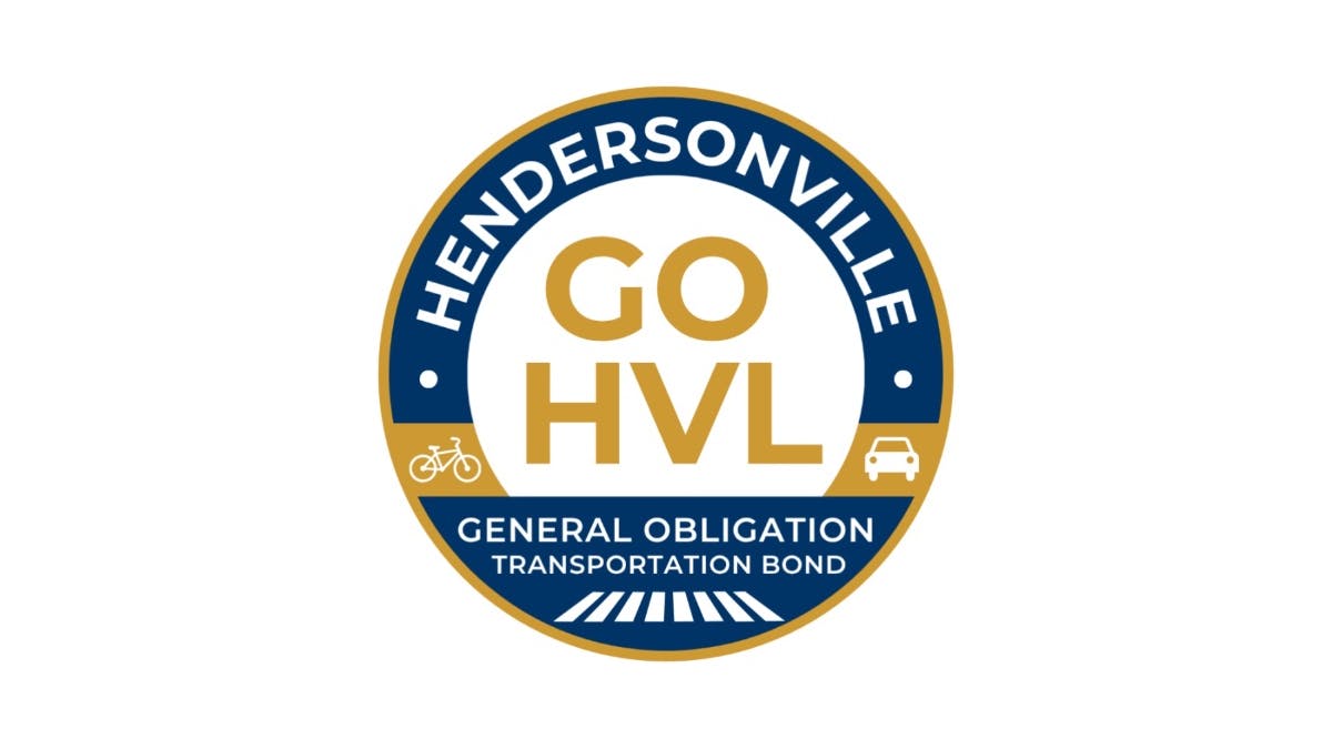 The image displays a Hendersonville logo with 'GO HVL' in the center and :General Obligation Transportation Bond' printed above a crosswalk glyph.