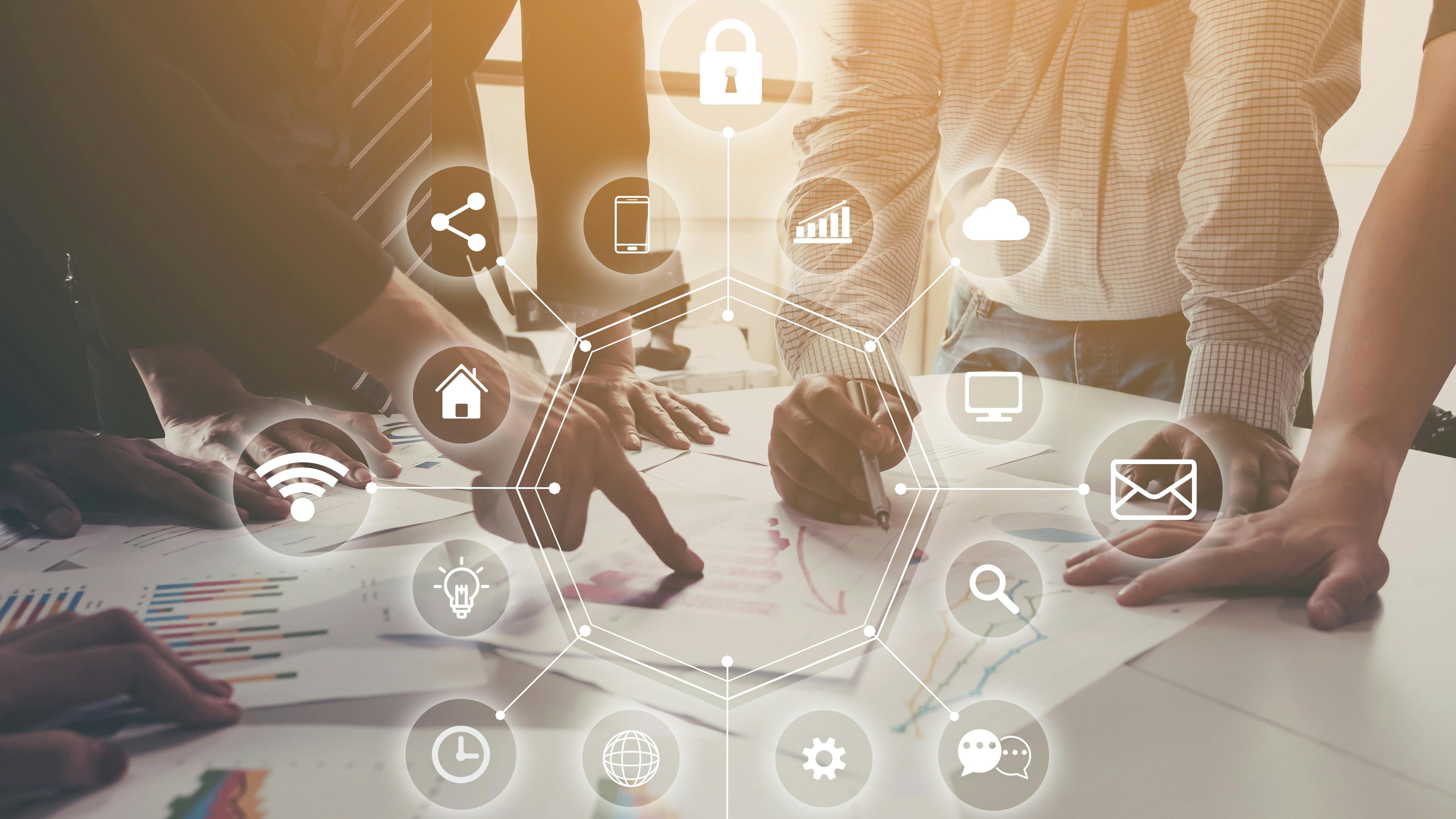 Group of business people meeting the company performance and growth corporate with information data paper with virtual icon diagram