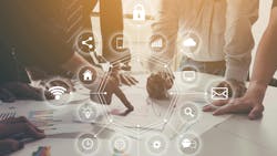 Group of business people meeting the company performance and growth corporate with information data paper with virtual icon diagram Group of business people meeting the company performance and growth corporate with information data paper with virtual icon diagram