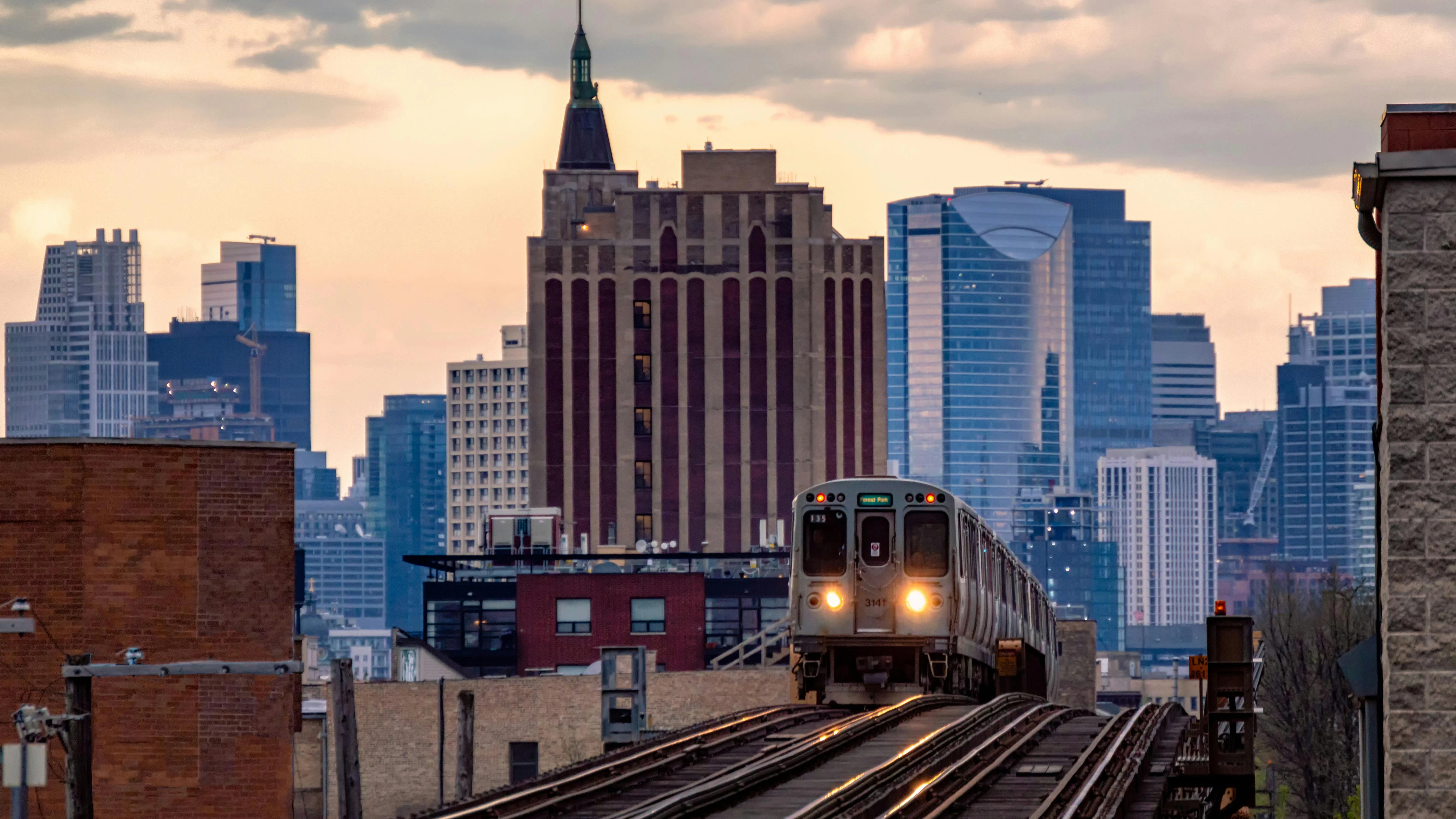 Chicago public transportation and cityscape from Western Avenue train station