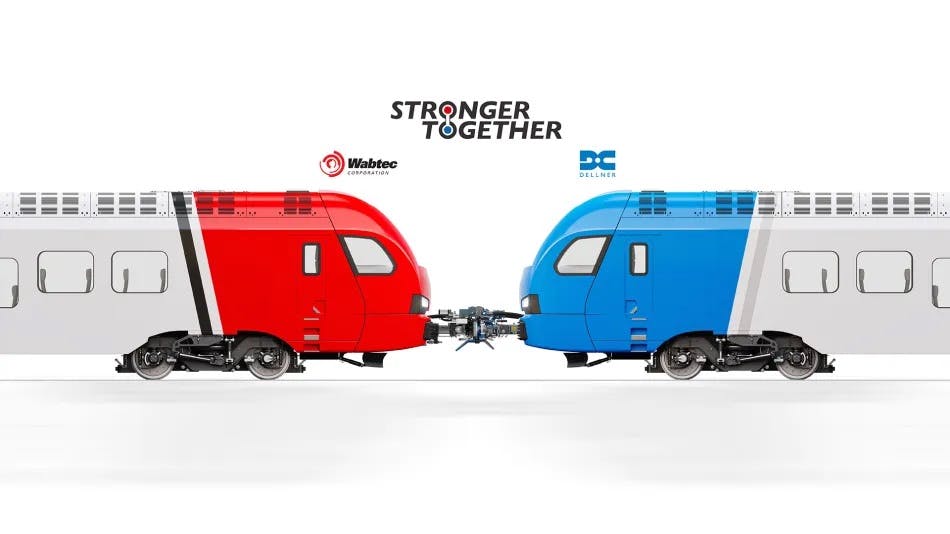 The image displays a mock up of a Wabtec branded train and a Dellner branded train connected with a coupler.