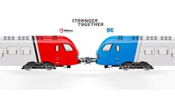 The image displays a mock up of a Wabtec branded train and a Dellner branded train connected with a coupler. The image displays a mock up of a Wabtec branded train and a Dellner branded train connected with a coupler.