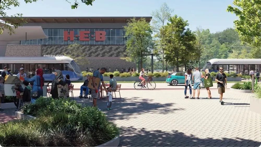 The rendering shows people walking near a light rail vehicle parked in front of an HEB grocery store.