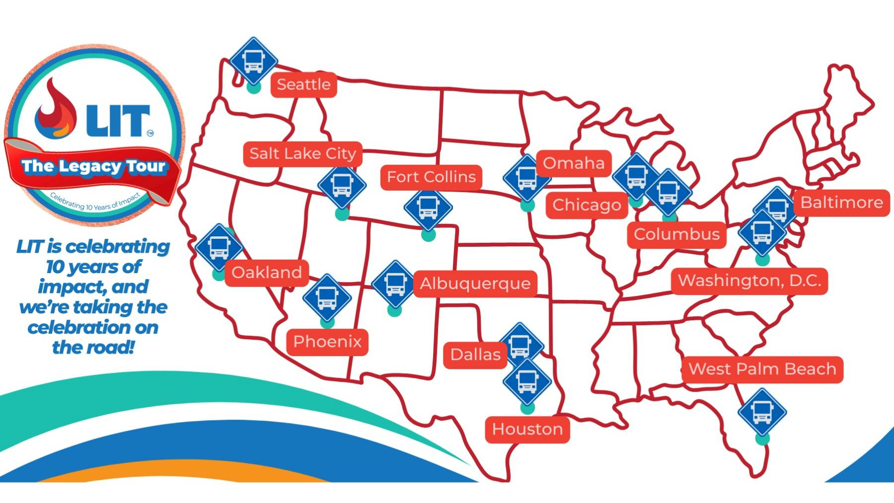 The image displays a map of the US will pins placed in the 14 cities mentioned in the article. Those cities are Oakland, Calif., Phoenix, Ariz., Fort Collins, Colo., Salt Lake City, Utah, Dallas, Texas, Seattle, Wash., Houston, Texas, Albuquerque, N.M., West Palm Beach, Fla., Washington, D.C., Baltimore, Md., Chicago, Ill., Omaha, Neb. and Columbus, Ohio.