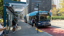 A rider boarding the front door of a PRTX bus at the University Line's Steel Plaza Station in downtown Pittsburgh in August 2025. A rider boarding the front door of a PRTX bus at the University Line's Steel Plaza Station in downtown Pittsburgh in August 2025.