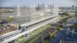 An aerial view of Thorncliffe Park Station and elevated guideway, looking east along Overlea Boulevard.