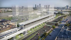 An aerial view of Thorncliffe Park Station and elevated guideway, looking east along Overlea Boulevard. An aerial view of Thorncliffe Park Station and elevated guideway, looking east along Overlea Boulevard.