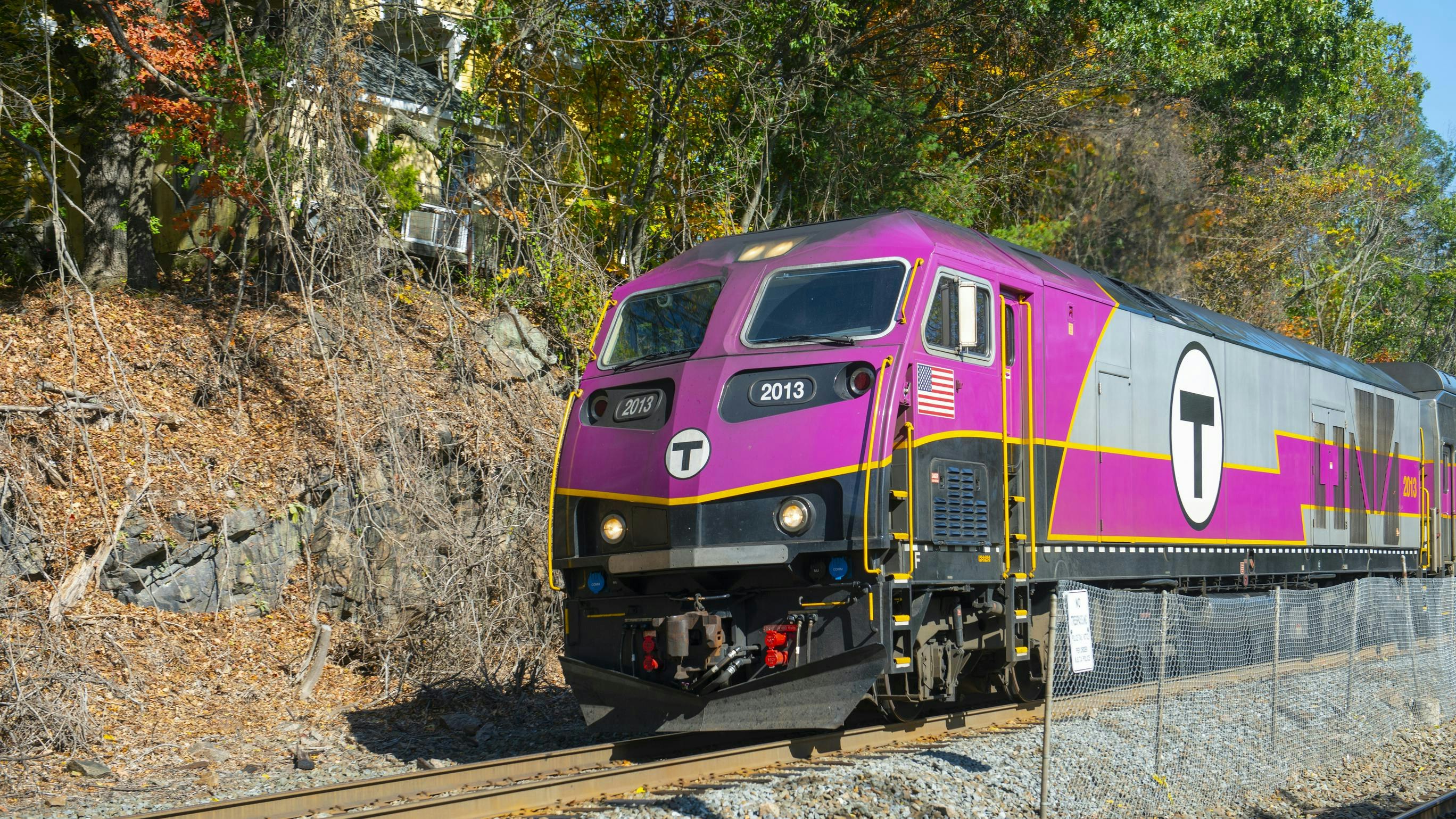 A Massachusetts Bay Transportation Authority locomotive in Wellesley, Mass.