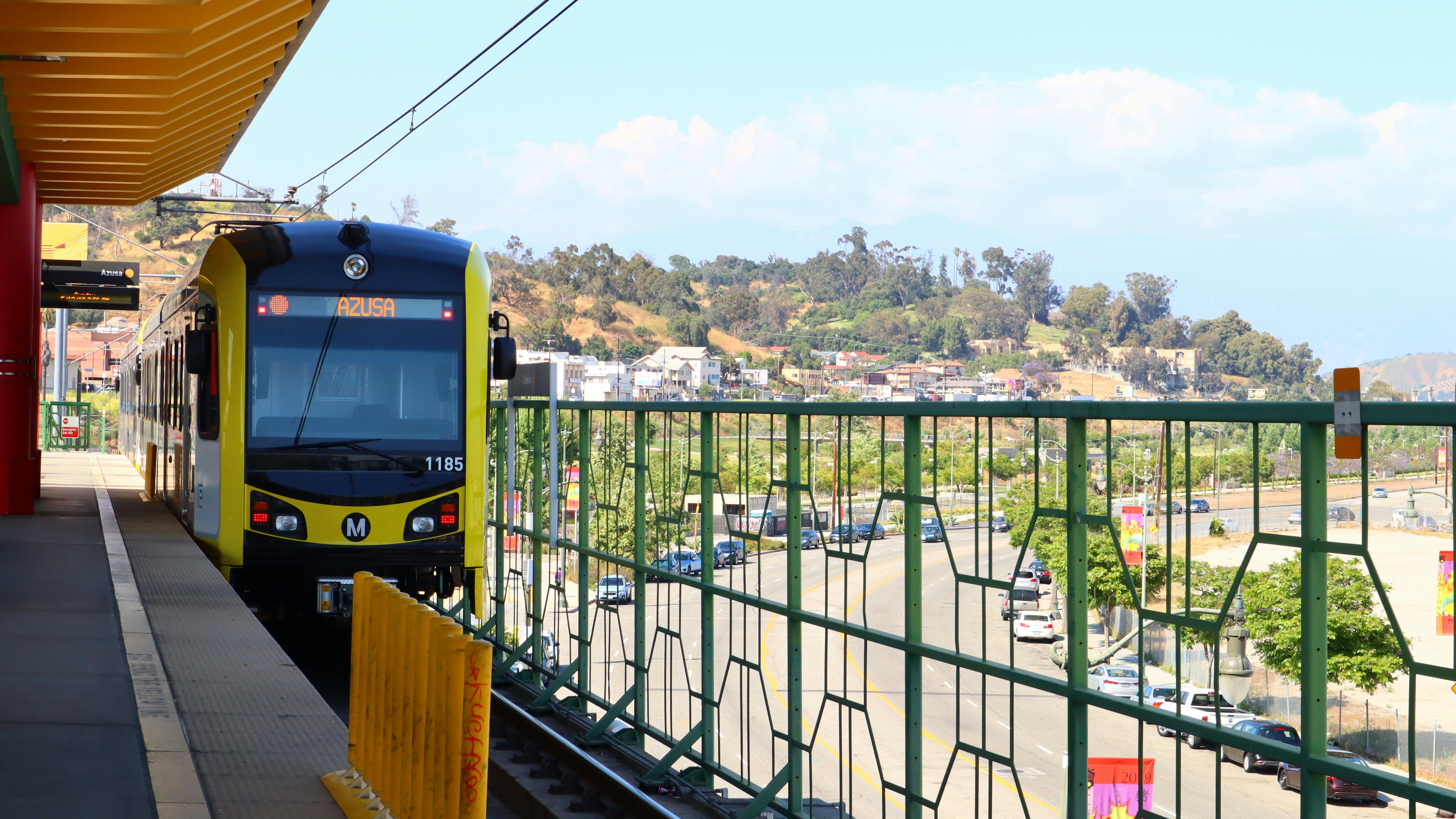 An L.A. Metro trains pulls into the Chinatown station.