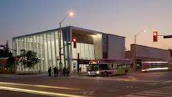 The Keelesdale Station is shown from across the street at night, showing off the artifical light emitting from the structure. The Keelesdale Station is shown from across the street at night, showing off the artifical light emitting from the structure.