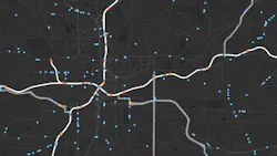 a graphical map is overlaid with lines and dots to mimic transit routes and stops a graphical map is overlaid with lines and dots to mimic transit routes and stops