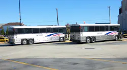Two New Jersey Transit buses parked at the Atlantic City Bus Terminal.