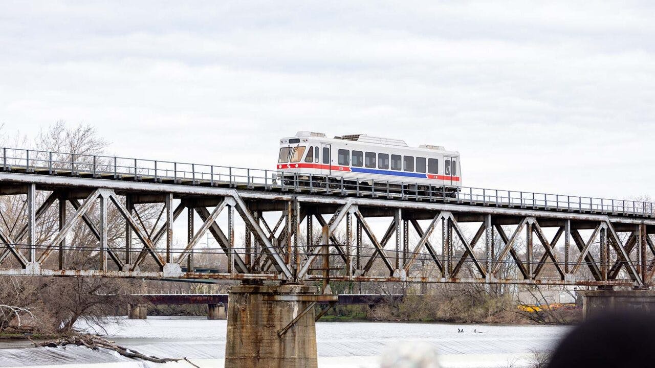 A SEPTA train travels over the viaduct.