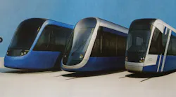 The image displays renderings of three possible new light-rail vehicles.