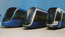 The image displays renderings of three possible new light-rail vehicles. The image displays renderings of three possible new light-rail vehicles.