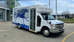 The image shows on of the new LexRide shuttle buses built on a Ford chassis. The image shows on of the new LexRide shuttle buses built on a Ford chassis.