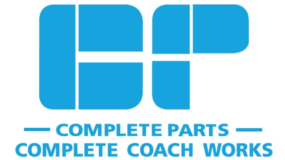 The Complete Parts by Complete Coach Works logo. A light blue geometric monogram of the letters 'CP' sits above the text '&mdash; COMPLETE PARTS &mdash; COMPLETE COACH WORKS' in matching blue on a white background.