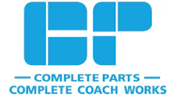 The Complete Parts by Complete Coach Works logo. A light blue geometric monogram of the letters 'CP' sits above the text '— COMPLETE PARTS — COMPLETE COACH WORKS' in matching blue on a white background.