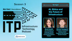 Promotional graphic for Season 3, Episode 4 of the Infrastructure Technology Podcast (ITP), produced by Mass Transit and Roads & Bridges under Endeavor Business Media. The episode is titled 'AI, Ethics and the Future of Infrastructure' and features guests Sarah Saadeh, Vice President of the American Society of Civil Engineers UC Berkeley Student Chapter, and Michael Yamaguchi, President of the American Society of Civil Engineers UC Berkeley Student Chapter. Promotional graphic for Season 3, Episode 4 of the Infrastructure Technology Podcast (ITP), produced by Mass Transit and Roads & Bridges under Endeavor Business Media. The episode is titled 'AI, Ethics and the Future of Infrastructure' and features guests Sarah Saadeh, Vice President of the American Society of Civil Engineers UC Berkeley Student Chapter, and Michael Yamaguchi, President of the American Society of Civil Engineers UC Berkeley Student Chapter.