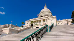 A low-angle view looking up the steps of the U.S. Capitol building in Washington, D.C., with a black iron staircase railing with green-patinated accents in the foreground. The neoclassical white stone facade and iconic dome are visible against a deep blue sky, with an American flag flying near the dome. Potted palm trees flank the building's entrance portico. A low-angle view looking up the steps of the U.S. Capitol building in Washington, D.C., with a black iron staircase railing with green-patinated accents in the foreground. The neoclassical white stone facade and iconic dome are visible against a deep blue sky, with an American flag flying near the dome. Potted palm trees flank the building's entrance portico.