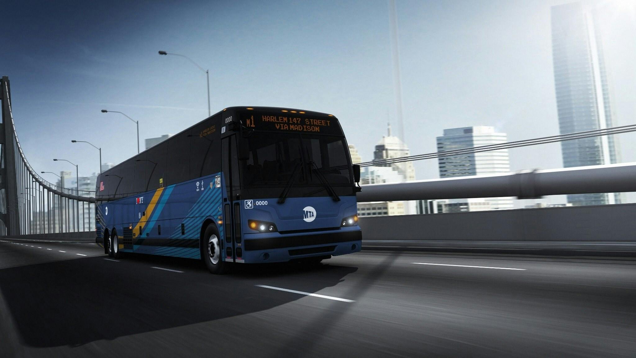 A rendered image of a Prevost motorcoach in New York City Metropolitan Transportation Authority (MTA) livery traveling across a bridge with a city skyline visible in the background. The bus features a dark blue and teal geometric livery with a yellow diagonal accent stripe and the MTA logo on the front. The destination sign reads 'M1 Harlem 147 Street Via Madison.' The vehicle number is displayed as 0000, indicating this is a manufacturer's rendering rather than a photo of an in-service vehicle. Motion blur on the road surface conveys a sense of speed.