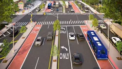 A rendering of a urban street intersection featuring dedicated red bus lanes running along both sides of a multi-lane roadway. A blue bus travels in the curbside bus-only lane on the right, while turn-only lanes and directional pavement markings guide general traffic through the center. Street trees, pedestrian infrastructure, and commercial storefronts are visible in the background. A rendering of a urban street intersection featuring dedicated red bus lanes running along both sides of a multi-lane roadway. A blue bus travels in the curbside bus-only lane on the right, while turn-only lanes and directional pavement markings guide general traffic through the center. Street trees, pedestrian infrastructure, and commercial storefronts are visible in the background.