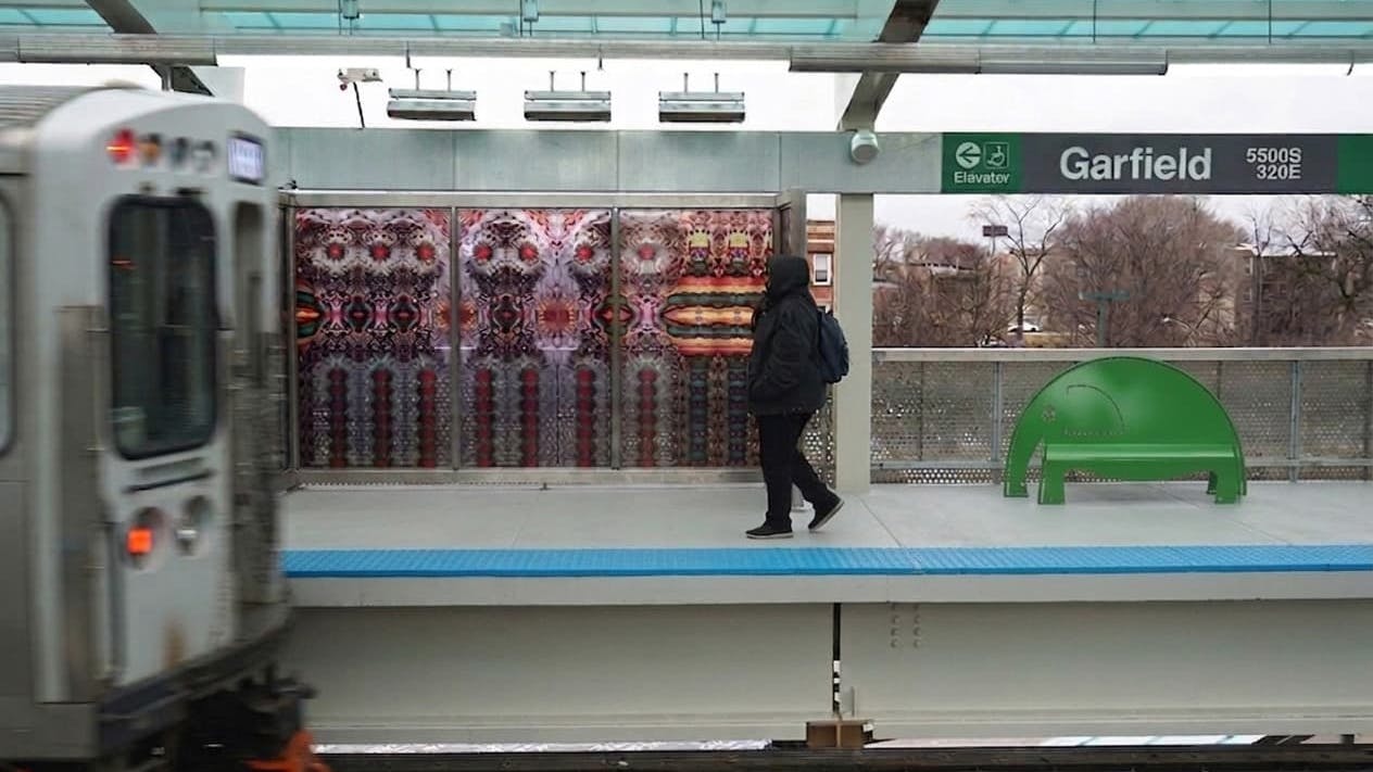 A rendering of a child-sized bench at a CTA station.