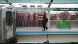 A rendering of a child-sized bench at a CTA station. A rendering of a child-sized bench at a CTA station.