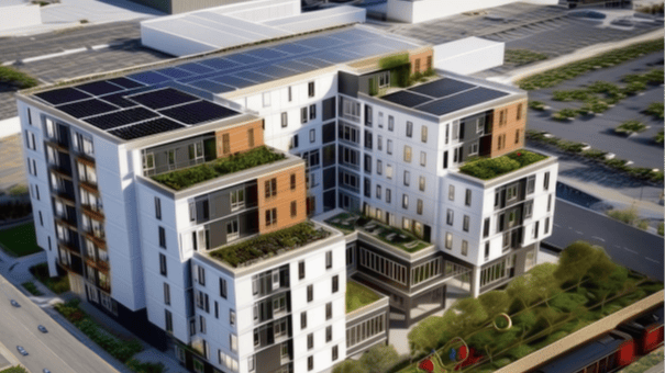 A rendering of the seven-story affordable housing development.