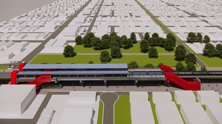 An aerial architectural rendering of the proposed 111th Street Station, showing a elevated rail platform with red canopy structures spanning a tree-lined median corridor between dense urban blocks.