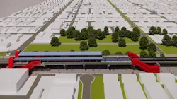 An aerial architectural rendering of the proposed 111th Street Station, showing a elevated rail platform with red canopy structures spanning a tree-lined median corridor between dense urban blocks. An aerial architectural rendering of the proposed 111th Street Station, showing a elevated rail platform with red canopy structures spanning a tree-lined median corridor between dense urban blocks.