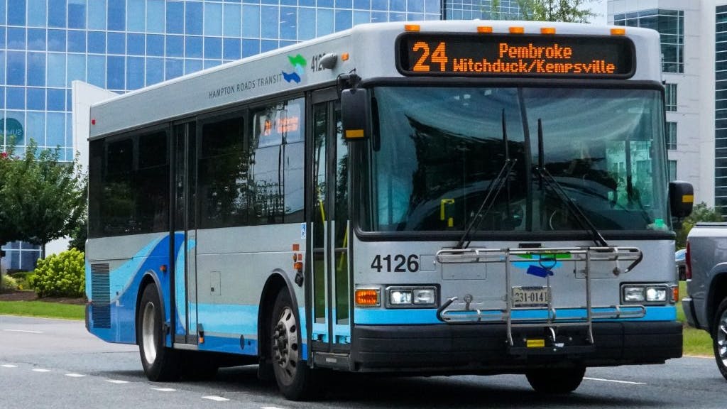 A Hampton Roads Transit fixed-route bus, fleet number 4126, displays Route 24 to Pembroke via Witchduck/Kempsville on its destination sign as it travels along a suburban roadway.