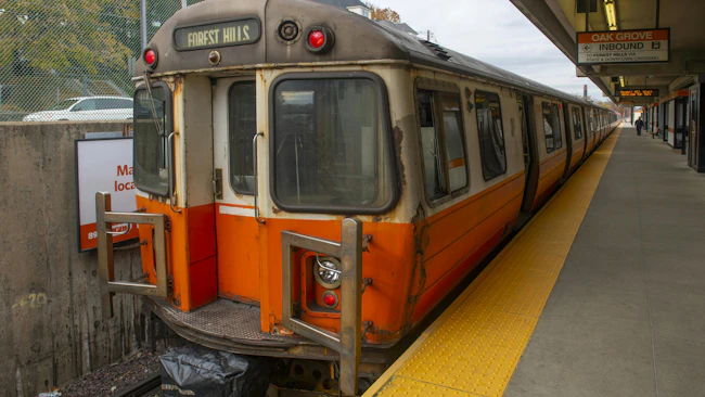 A Massachusetts Bay Transportation Authority Orange Line stops at Oak Grove Station in Malden, Mass.