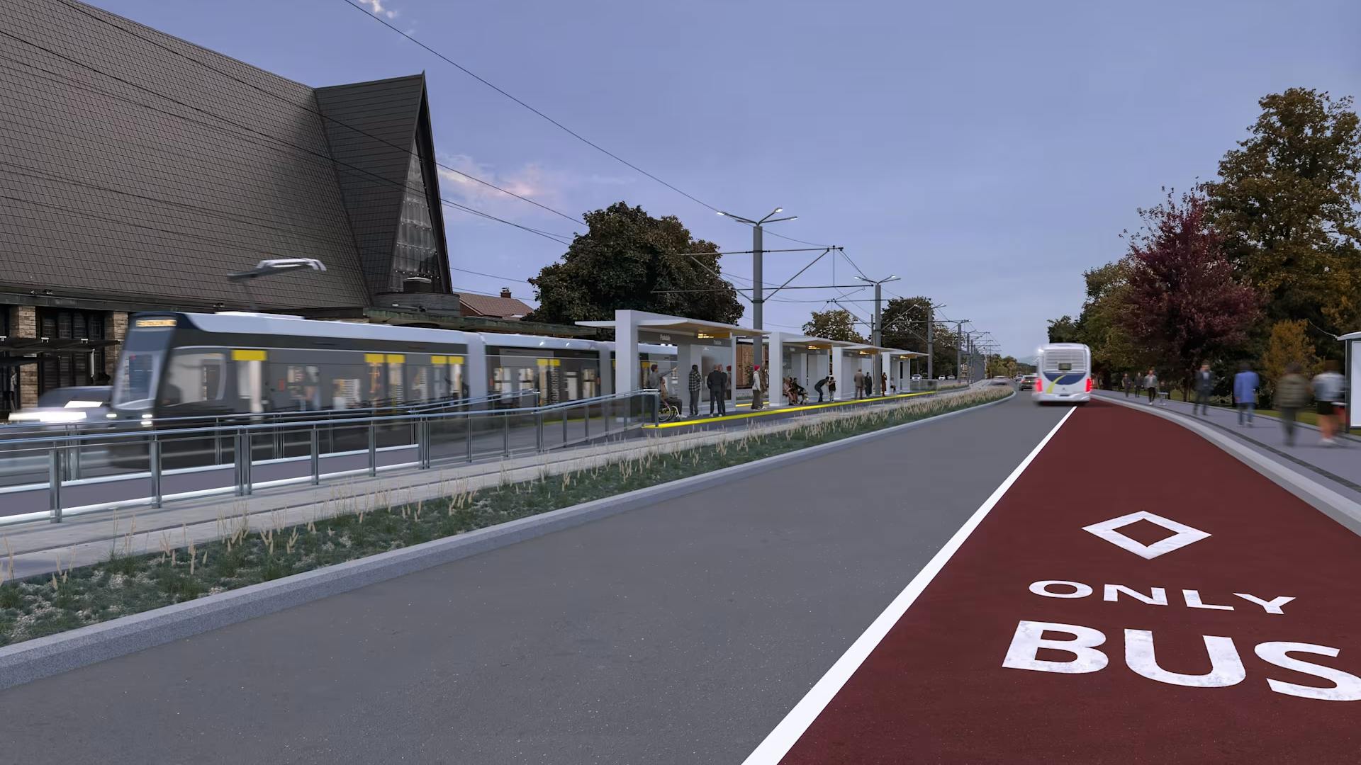 An architectural rendering of a surface light rail station at dusk, showing a modern low-floor train passing through with passengers waiting on a center platform beneath a canopy structure. A dedicated red bus-only lane runs parallel to the LRT corridor in the foreground, with a bus visible farther down the road. A stone church with a steep gabled roof anchors the left side of the image, and trees line the right side of the corridor..