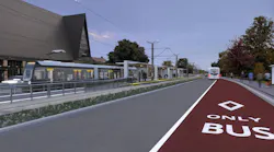 An architectural rendering of a surface light rail station at dusk, showing a modern low-floor train passing through with passengers waiting on a center platform beneath a canopy structure. A dedicated red bus-only lane runs parallel to the LRT corridor in the foreground, with a bus visible farther down the road. A stone church with a steep gabled roof anchors the left side of the image, and trees line the right side of the corridor.. An architectural rendering of a surface light rail station at dusk, showing a modern low-floor train passing through with passengers waiting on a center platform beneath a canopy structure. A dedicated red bus-only lane runs parallel to the LRT corridor in the foreground, with a bus visible farther down the road. A stone church with a steep gabled roof anchors the left side of the image, and trees line the right side of the corridor..