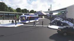 An architectural rendering of a transit hub showing a blue-and-white bus marked 'Not In Service' pulling through a passenger drop-off area. A historic station building with a peaked roof sits in the background, flanked by a modern covered bus shelter on the left and a parking lot on the right. Pedestrians and a wheelchair user are depicted on the sidewalk.