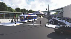 An architectural rendering of a transit hub showing a blue-and-white bus marked 'Not In Service' pulling through a passenger drop-off area. A historic station building with a peaked roof sits in the background, flanked by a modern covered bus shelter on the left and a parking lot on the right. Pedestrians and a wheelchair user are depicted on the sidewalk. An architectural rendering of a transit hub showing a blue-and-white bus marked 'Not In Service' pulling through a passenger drop-off area. A historic station building with a peaked roof sits in the background, flanked by a modern covered bus shelter on the left and a parking lot on the right. Pedestrians and a wheelchair user are depicted on the sidewalk.