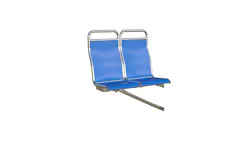A product composite showing a retractable transit seating system. The image depicts two blue molded seats with polished stainless steel frames and grab handles, shown in the upright position. A product composite showing a retractable transit seating system. The image depicts two blue molded seats with polished stainless steel frames and grab handles, shown in the upright position.