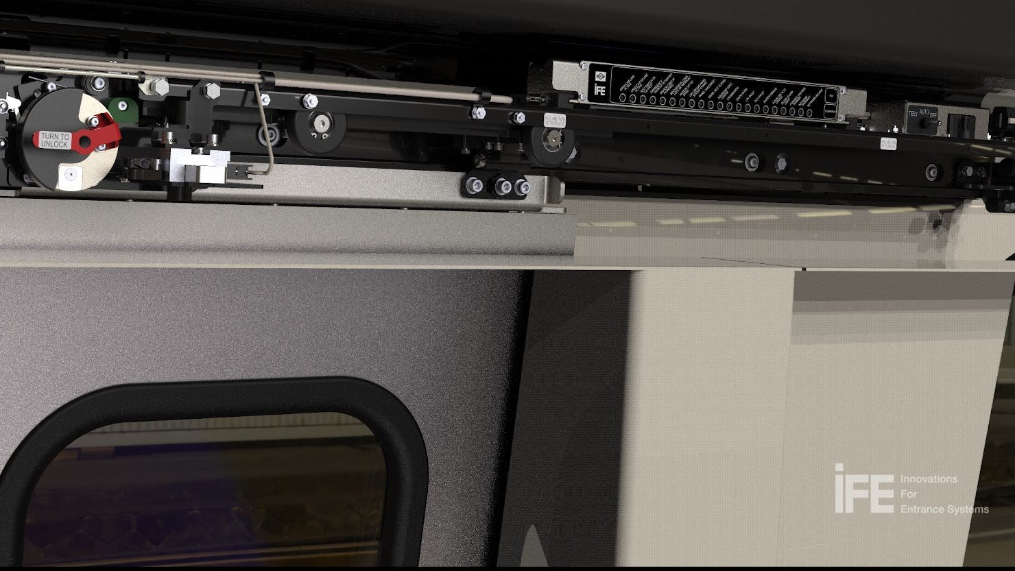 A cutaway product rendering showing the overhead door drive mechanism for a rail vehicle entrance system, branded by IFE (Innovations for Entrance Systems). The top panel reveals the linear motor track, roller assemblies, and a red-labeled emergency manual release mechanism. The lower portion shows the exterior of a closed sliding door with a small porthole window. The IFE logo appears in the lower right corner.