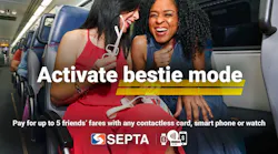 Two women sitting together on a commuter train laugh while one holds a smartphone and sunglasses. Large promotional text reads “Activate bestie mode,” with additional text advertising SEPTA contactless payment for up to five friends’ fares.