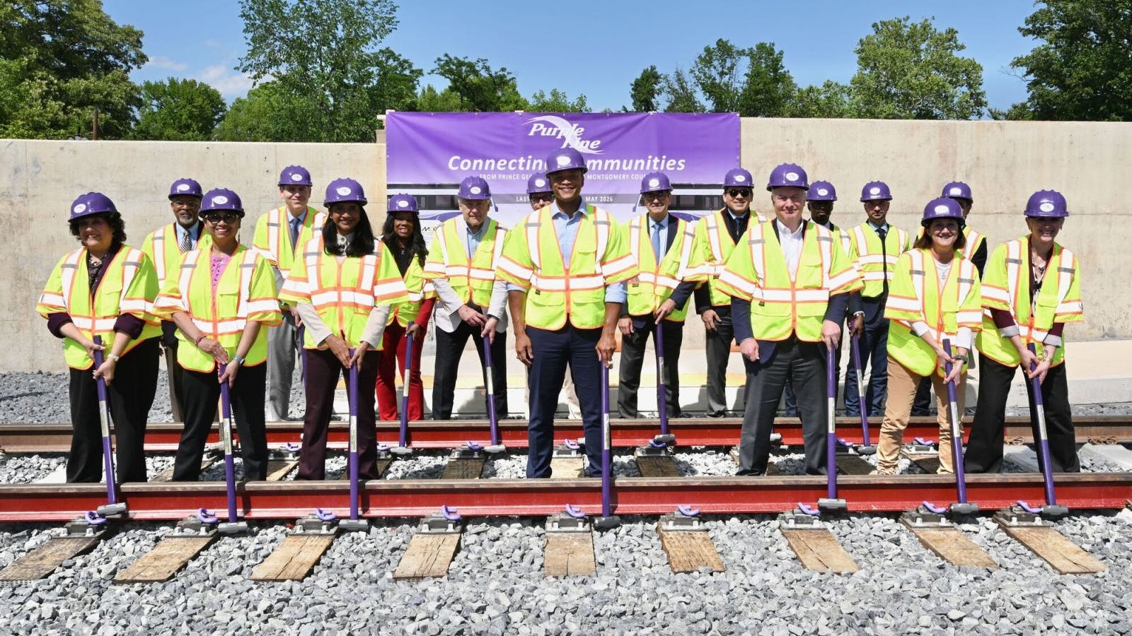 The final segment of rail was installed at the future Purple Line 16th Street &ndash; Woodside Station on May 7.