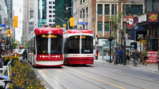 A new Bombardier-made Toronto Transit Commission streetcars on the King street in Toronto.