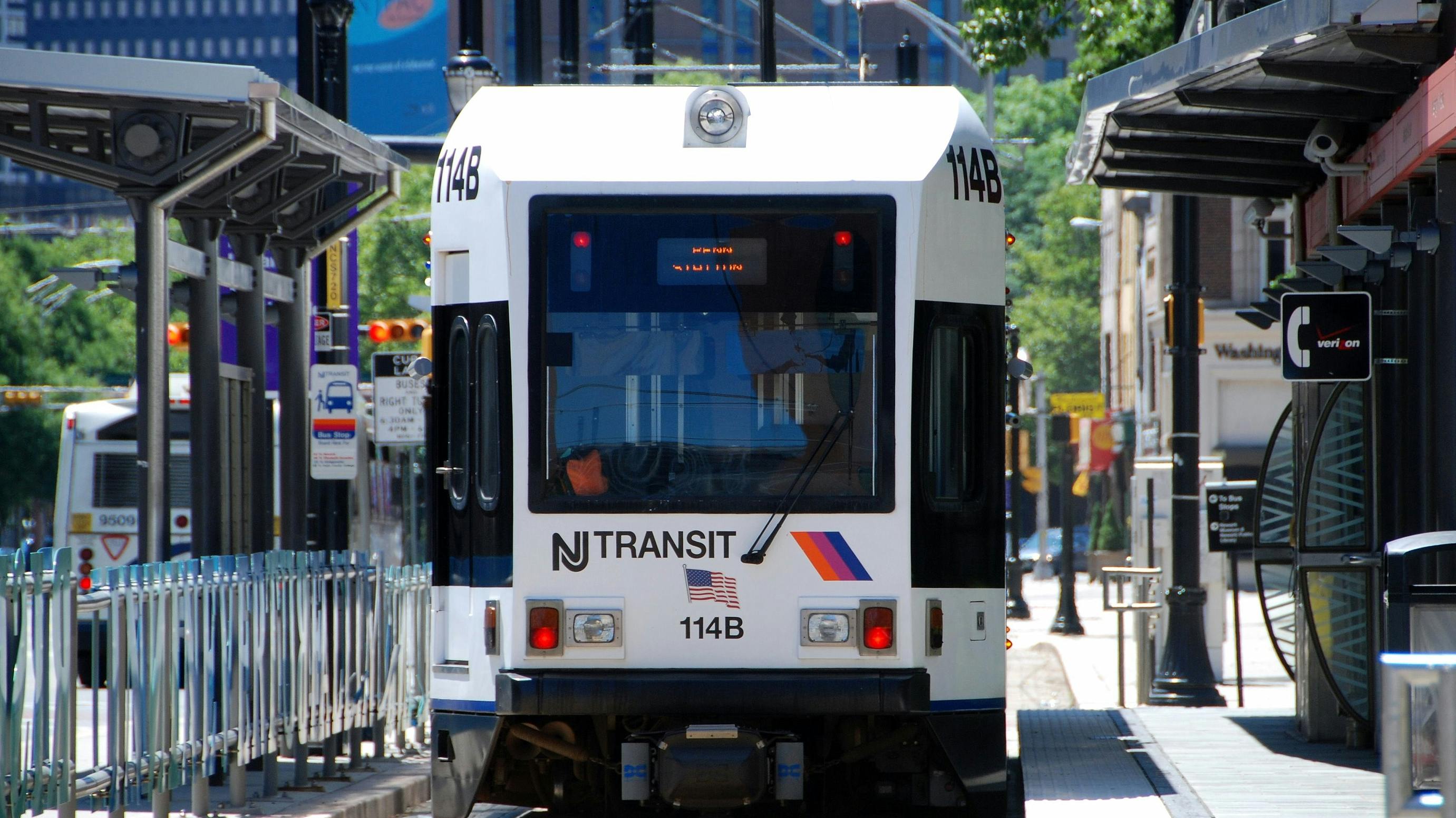 A modern New Jersey Transit light-rail commuter train at the Washington Park Station on Broad Street in Newark, N.J.