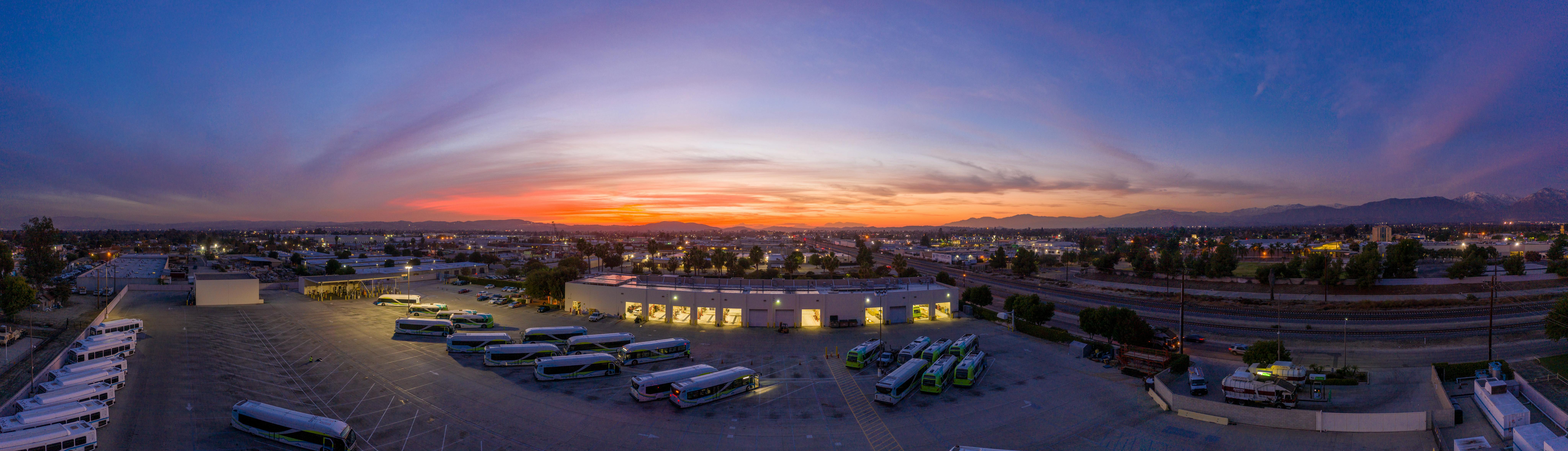 bus yard at sunset with panoramic view