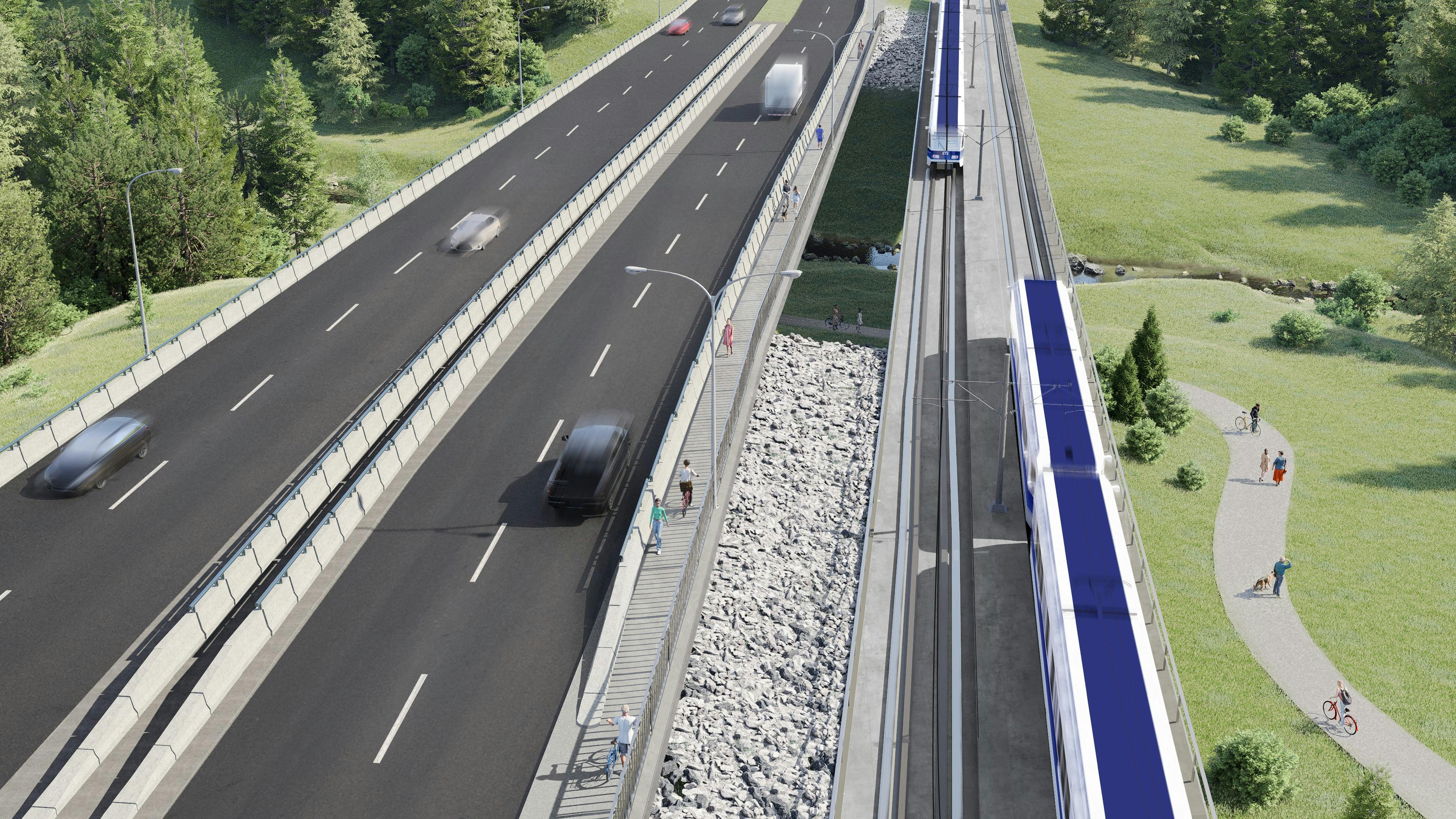 A rendering shows a light rail vehicle crossing the new Blackmud Creek LRT bridge alongside a multi-lane highway in Edmonton, Alberta, with pedestrian and cycling paths and a green river valley corridor visible between the two structures.