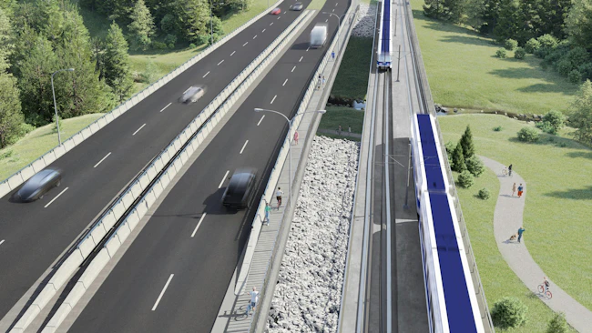 A rendering shows a light rail vehicle crossing the new Blackmud Creek LRT bridge alongside a multi-lane highway in Edmonton, Alberta, with pedestrian and cycling paths and a green river valley corridor visible between the two structures.