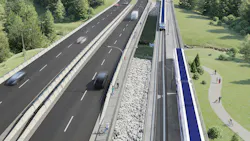 A rendering shows a light rail vehicle crossing the new Blackmud Creek LRT bridge alongside a multi-lane highway in Edmonton, Alberta, with pedestrian and cycling paths and a green river valley corridor visible between the two structures. A rendering shows a light rail vehicle crossing the new Blackmud Creek LRT bridge alongside a multi-lane highway in Edmonton, Alberta, with pedestrian and cycling paths and a green river valley corridor visible between the two structures.