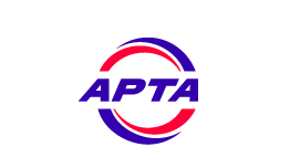 The American Public Transportation Association logo featuring the letters 'APTA' in bold blue text centered within a circular emblem formed by two overlapping arcs &mdash; one blue, one red &mdash; suggesting motion and connectivity, set against a white background.