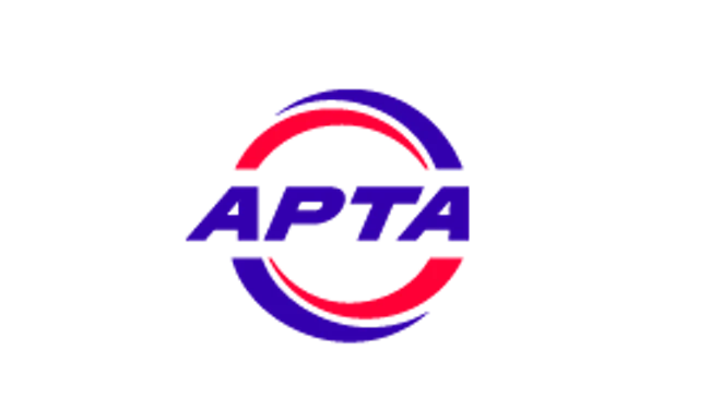 The American Public Transportation Association logo featuring the letters 'APTA' in bold blue text centered within a circular emblem formed by two overlapping arcs &mdash; one blue, one red &mdash; suggesting motion and connectivity, set against a white background.