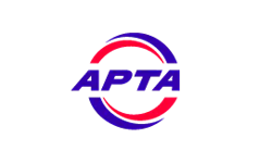 The American Public Transportation Association logo featuring the letters 'APTA' in bold blue text centered within a circular emblem formed by two overlapping arcs — one blue, one red — suggesting motion and connectivity, set against a white background.